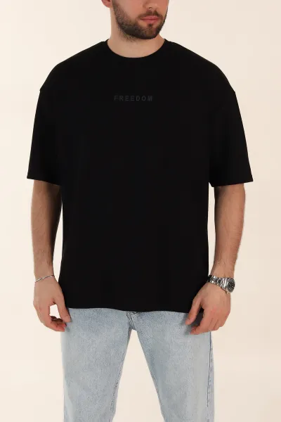 Siyah Oversize Oysho Kumaş Kabartma Yazılı Erkek Tişört 365097