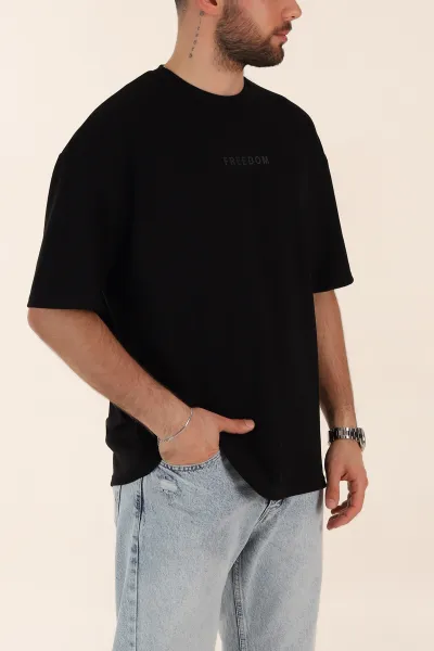 Siyah Oversize Oysho Kumaş Kabartma Yazılı Erkek Tişört 365097