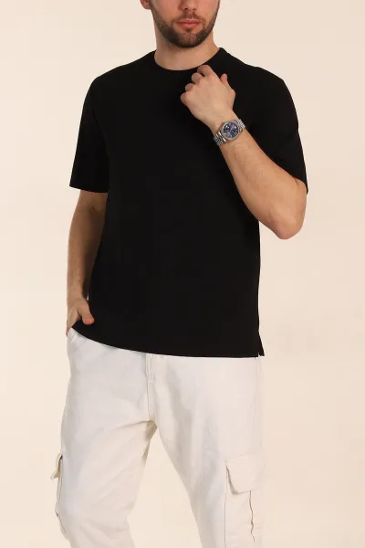 Siyah Oversize Oysho Kumaş Yırtmaç Detaylı Basic Erkek Tişört 348123