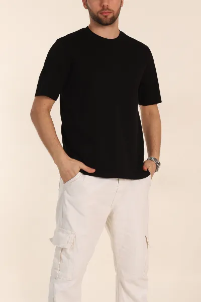 Siyah Oversize Oysho Kumaş Yırtmaç Detaylı Basic Erkek Tişört 348123