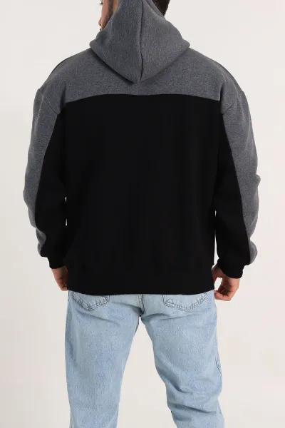 Siyah Oversize Parçalı Üç İp Şardonlu Kapüşonlu Erkek Sweatshirt 306474