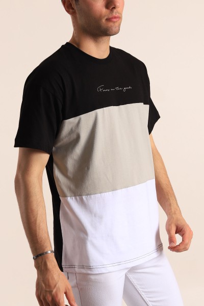 Siyah Oversize Parçalı Yazı Detay Erkek Tişört 184316