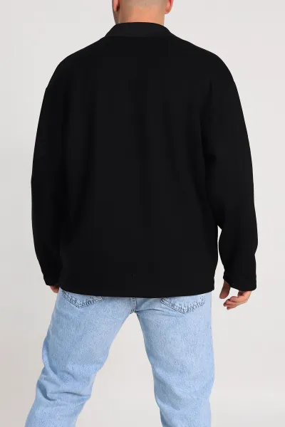 Siyah Oversize Polo Yaka Erkek Sweatshirt 306969