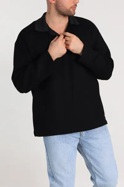 Siyah Oversize Polo Yaka Erkek Sweatshirt 306969