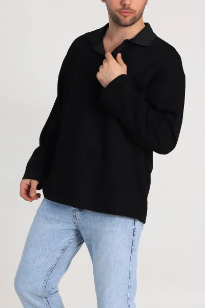 Siyah Oversize Polo Yaka Erkek Sweatshirt 306969