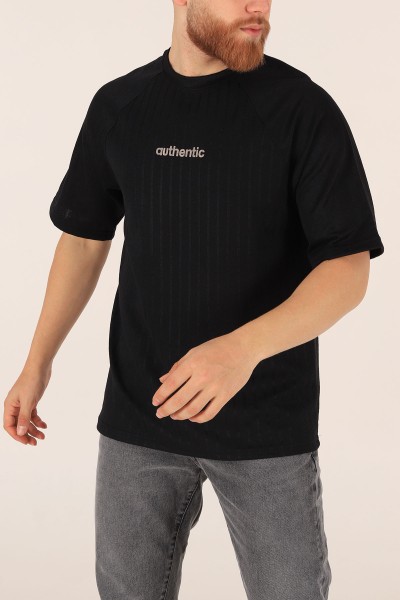 Siyah Oversize Reglan Kol Baskılı Erkek Tişört 174337