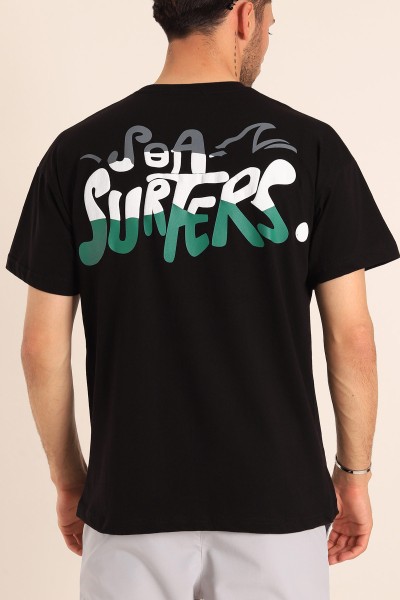 Siyah Oversize Sea Surfers Sırt Kabartmalı Erkek Tişört 184265