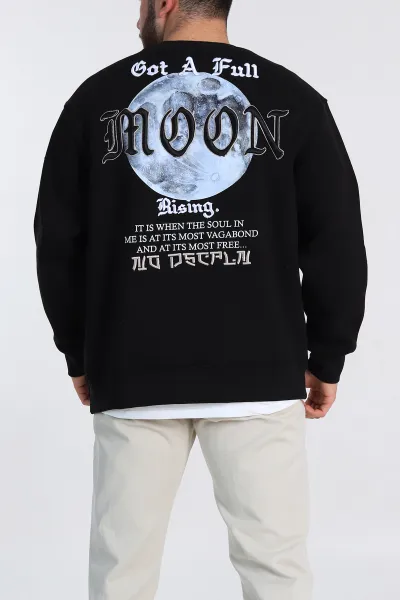 Siyah Oversize Sırt Nakış Detaylı Baskılı Erkek Sweatshirt 306975