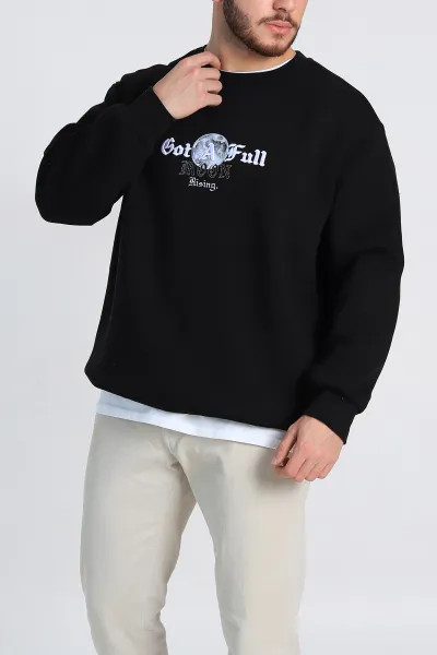 Siyah Oversize Sırt Nakış Detaylı Baskılı Erkek Sweatshirt 306975