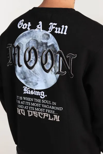 Siyah Oversize Sırt Nakış Detaylı Baskılı Erkek Sweatshirt 306975