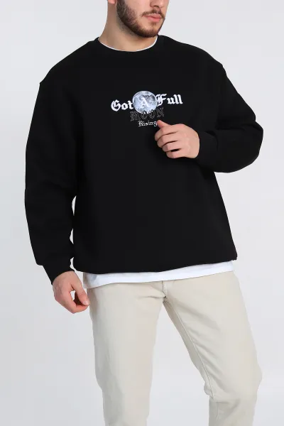Siyah Oversize Sırt Nakış Detaylı Baskılı Erkek Sweatshirt 306975