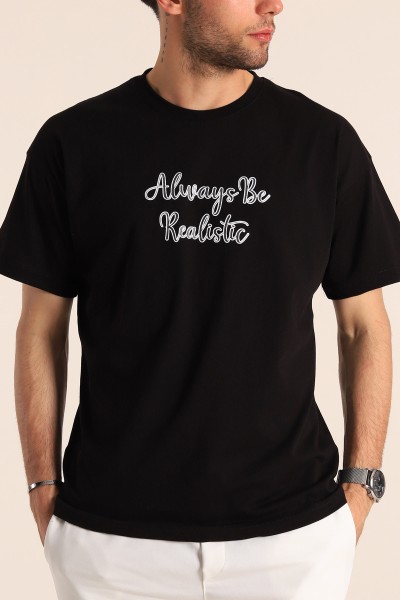 Siyah Oversize Slogan Sırt Baskılı Erkek Tişört 186669