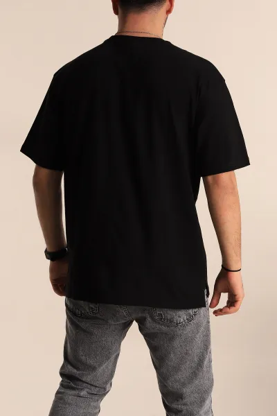 Siyah Oversize Suprem Kumaş Asitmetrik Dikiş Detaylı Basic Erkek Tişört 267439