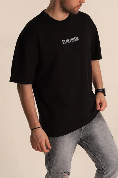 Siyah Oversize Suprem Kumaş Kabartma Yazılı Erkek Tişört 267448