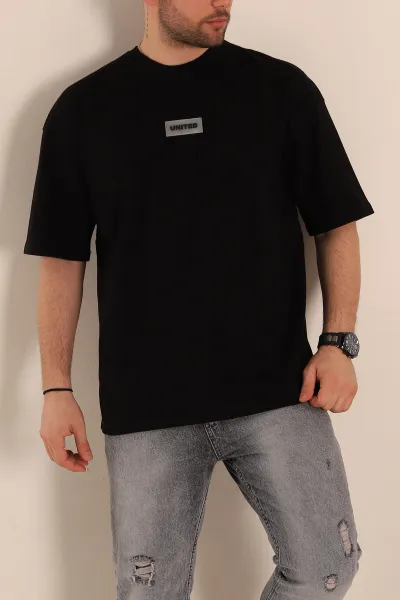Siyah Oversize Suprem Kumaş Plastik Baskı Detaylı Erkek Tişört 267356