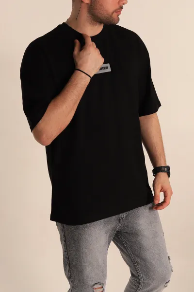 Siyah Oversize Suprem Kumaş Plastik Baskı Detaylı Erkek Tişört 267356