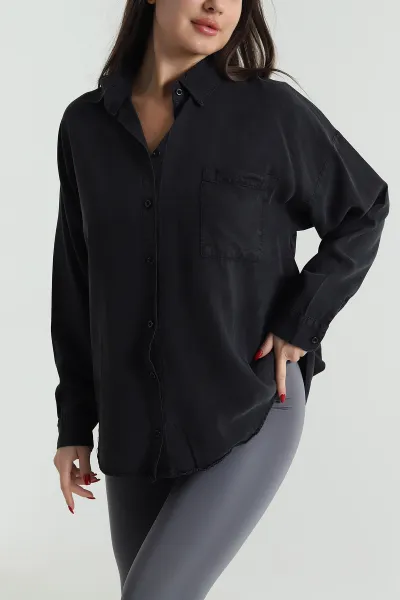 Siyah Oversize Tensel Kadın Gömlek 492647