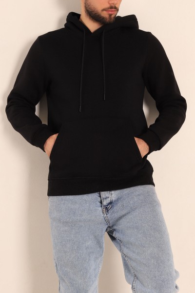 Siyah Oversize Üç İp Şardonlu Basic Kapüşonlu Erkek Sweatshirt 222525