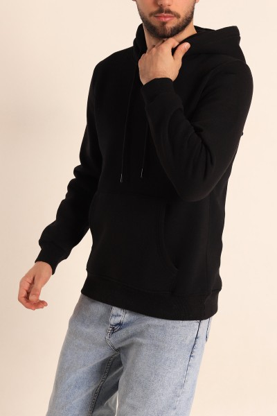 Siyah Oversize Üç İp Şardonlu Basic Kapüşonlu Erkek Sweatshirt 222525