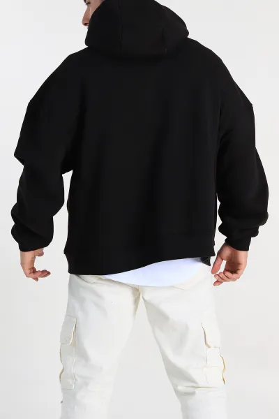 Siyah Oversize Üç İp Şardonlu Baskılı Kanguru Cepli Kapüşonlu Erkek Sweatshirt 307228