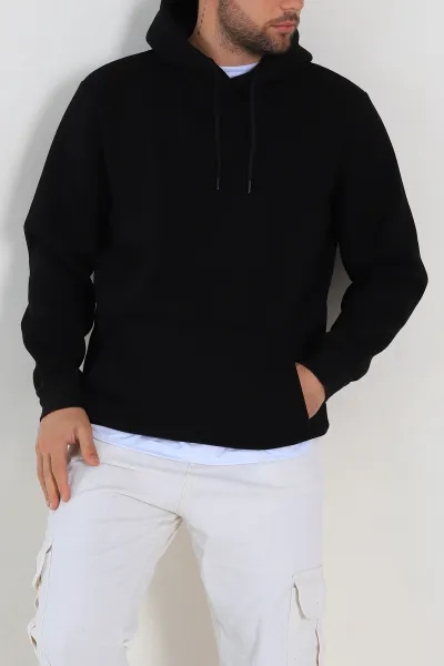 Siyah Oversize Üç İp Şardonlu Erkek Basic Kapüşonlu Sweatshirt 316268