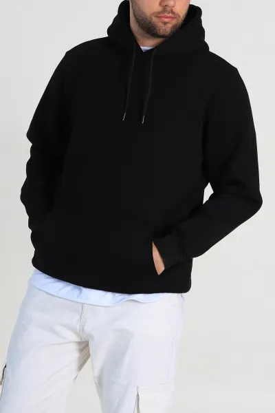 Siyah Oversize Üç İp Şardonlu Erkek Basic Kapüşonlu Sweatshirt 316268