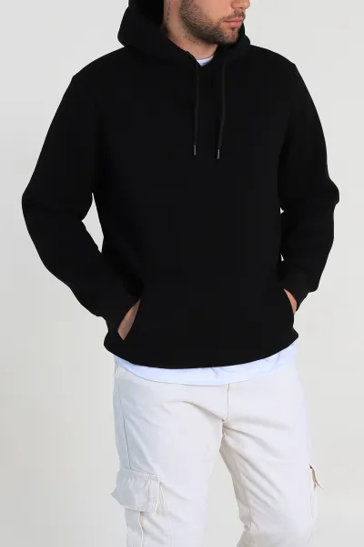 Siyah Oversize Üç İp Şardonlu Erkek Basic Kapüşonlu Sweatshirt 316268