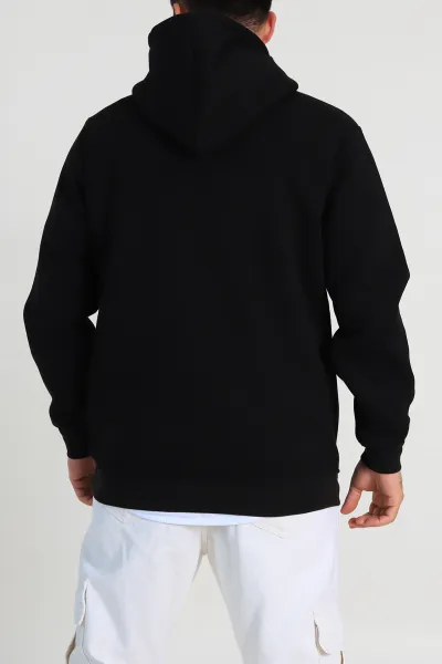 Siyah Oversize Üç İp Şardonlu Erkek Basic Kapüşonlu Sweatshirt 316268