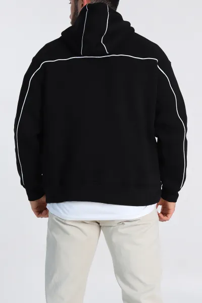 Siyah Oversize Üç İp Şardonlu Kabartma Baskı Detaylı Kapüşonlu Sweatshirt 307218