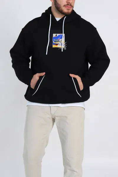 Siyah Oversize Üç İp Şardonlu Kabartma Baskı Detaylı Kapüşonlu Sweatshirt 307218