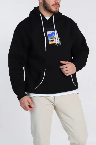 Siyah Oversize Üç İp Şardonlu Kabartma Baskı Detaylı Kapüşonlu Sweatshirt 307218