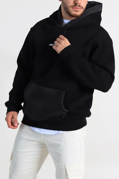 Siyah Oversize Üç İp Şardonlu Kapüşonlu Erkek Sweatshirt 309118