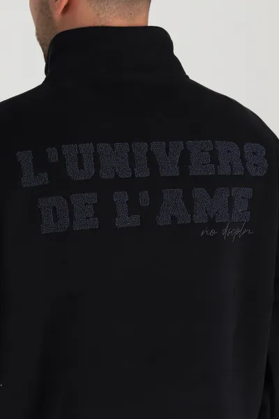 Siyah Oversize Üç İp Şardonlu Nakış Yazı Detaylı Yarım Fermuar Erkek Sweatshirt 306937