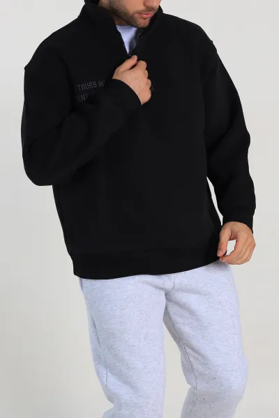 Siyah Oversize Üç İp Şardonlu Nakış Yazı Detaylı Yarım Fermuar Erkek Sweatshirt 306937
