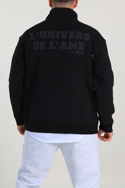Siyah Oversize Üç İp Şardonlu Nakış Yazı Detaylı Yarım Fermuar Erkek Sweatshirt 306937