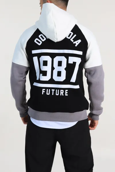 Siyah Oversize Üç İp Şardonlu Yazı Detaylı Kapüşonlu Erkek Sweatshirt 309196