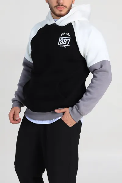 Siyah Oversize Üç İp Şardonlu Yazı Detaylı Kapüşonlu Erkek Sweatshirt 309196