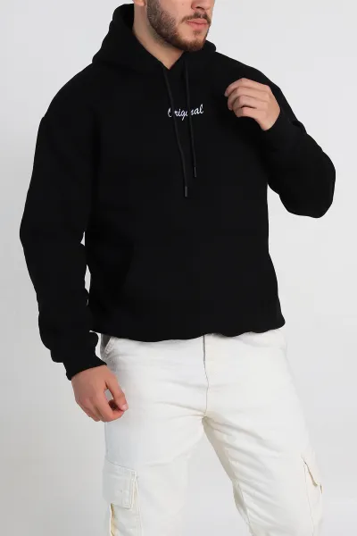 Siyah Oversize Üç İp Şardonlu Yazı Detaylı Kapüşonlu Erkek Sweatshirt 310962