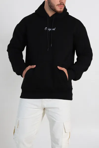 Siyah Oversize Üç İp Şardonlu Yazı Detaylı Kapüşonlu Erkek Sweatshirt 310962