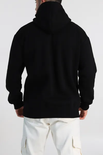 Siyah Oversize Üç İp Şardonlu Yazı Detaylı Kapüşonlu Erkek Sweatshirt 310962