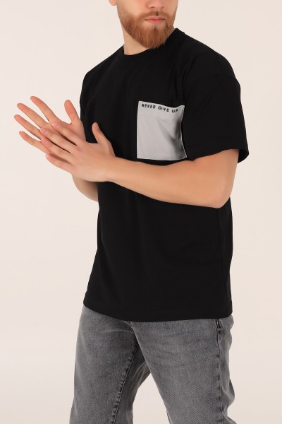 Siyah Oversize Yazı Baskılı Cep Detay 169644