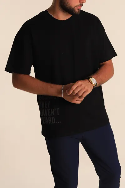 Siyah Oversize Yazı Detaylı Erkek Tişört 247943