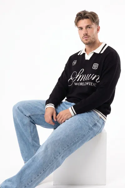 Siyah Oversize Yazı Detaylı Polo Yaka Erkek Triko Kazak 491833
