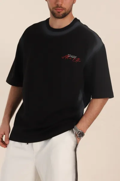 Siyah Oversize Yazı Detaylı Yıkamalı Erkek Tişört 354073