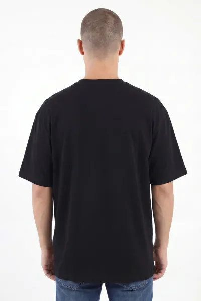 Siyah Oversize Bisiklet Yaka Yazı Detaylı Erkek Tişört 454078