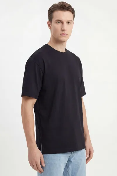 Siyah Oversize Oysho Kumaş Bisiklet Yaka Erkek Tişört 453868