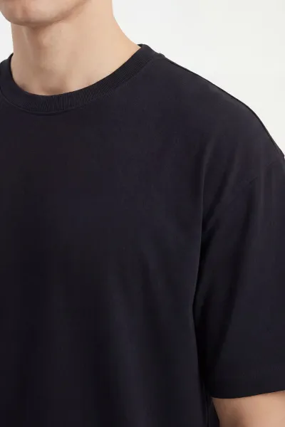 Siyah Oversize Oysho Kumaş Bisiklet Yaka Erkek Tişört 453868
