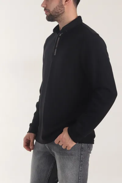 Siyah Oysho Kumaş Düğmeli Polo Yaka Erkek Sweatshirt 406021