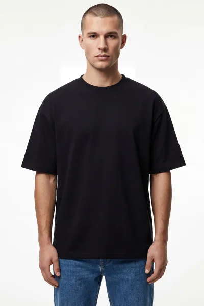 siyah-oysho-kumas-oversize-bisiklet-yaka-erkek-tisort-438909