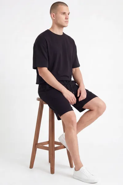 Siyah Oysho Kumaş Oversize Erkek Şortlu Takım 467613